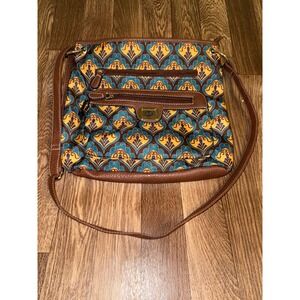 Treviso Crossbody Bag Brown Faux Leather Teal‎ Yellow Damask Print Messenger